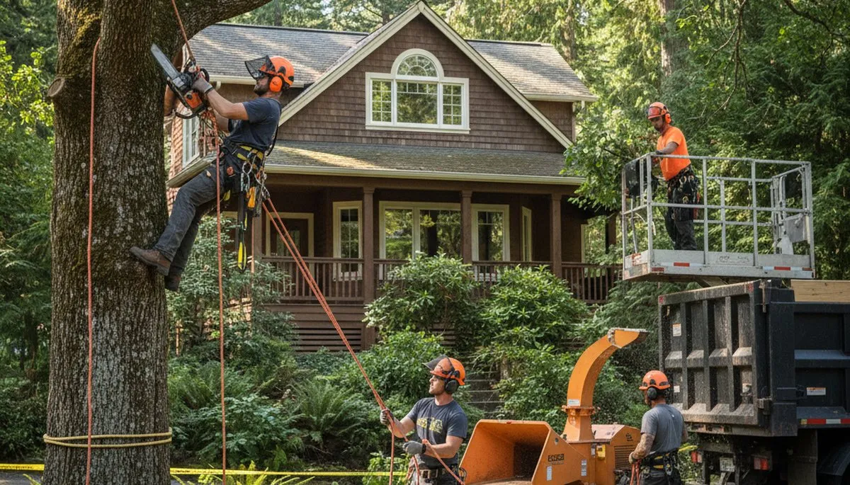 Tree service crew removing a tree in Bellevue, WA for safe property clearing