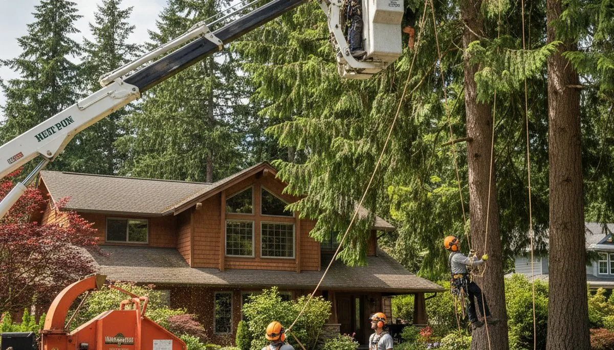 Tree service crew removing a tree in Bellevue, WA for safe residential property clearance