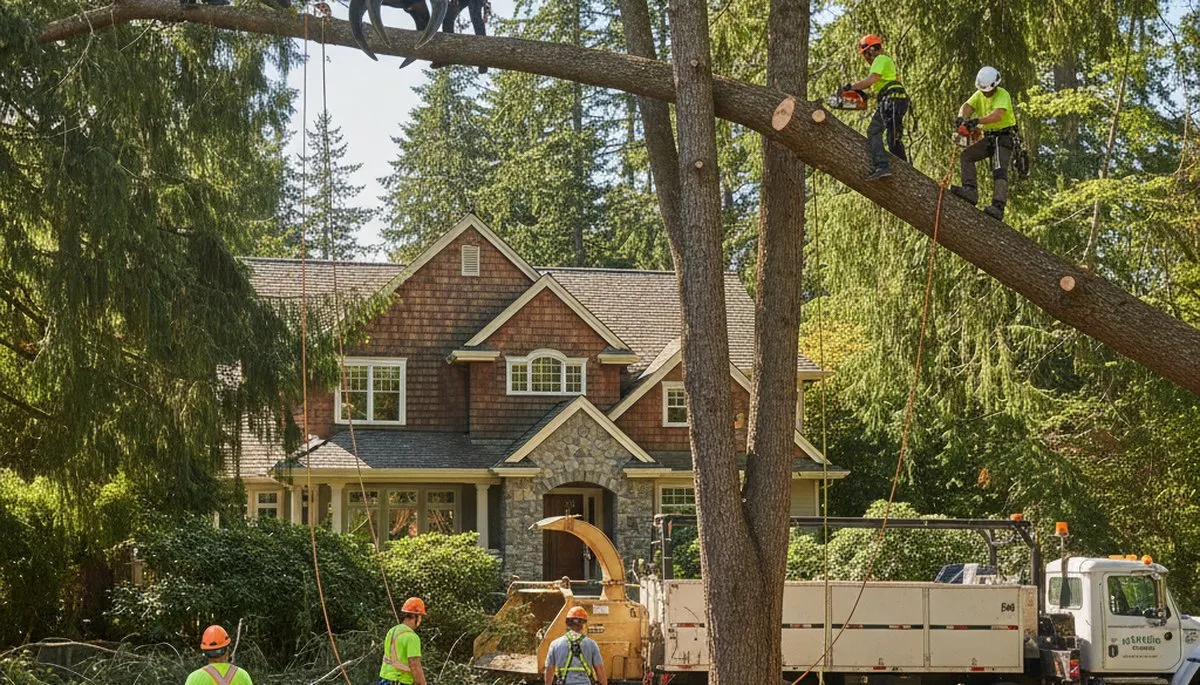 Tree service crew trimming a tree in Bellevue, WA for safe residential property maintenance