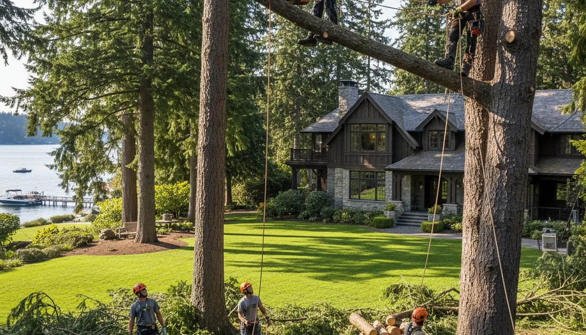 Tree service crew removing a tree in Bellevue, WA for safe residential property clearing