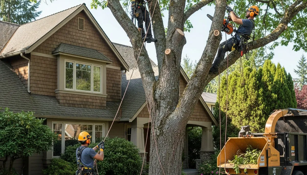 Tree service crew in Bellevue, WA removing a tree for safe residential property maintenance