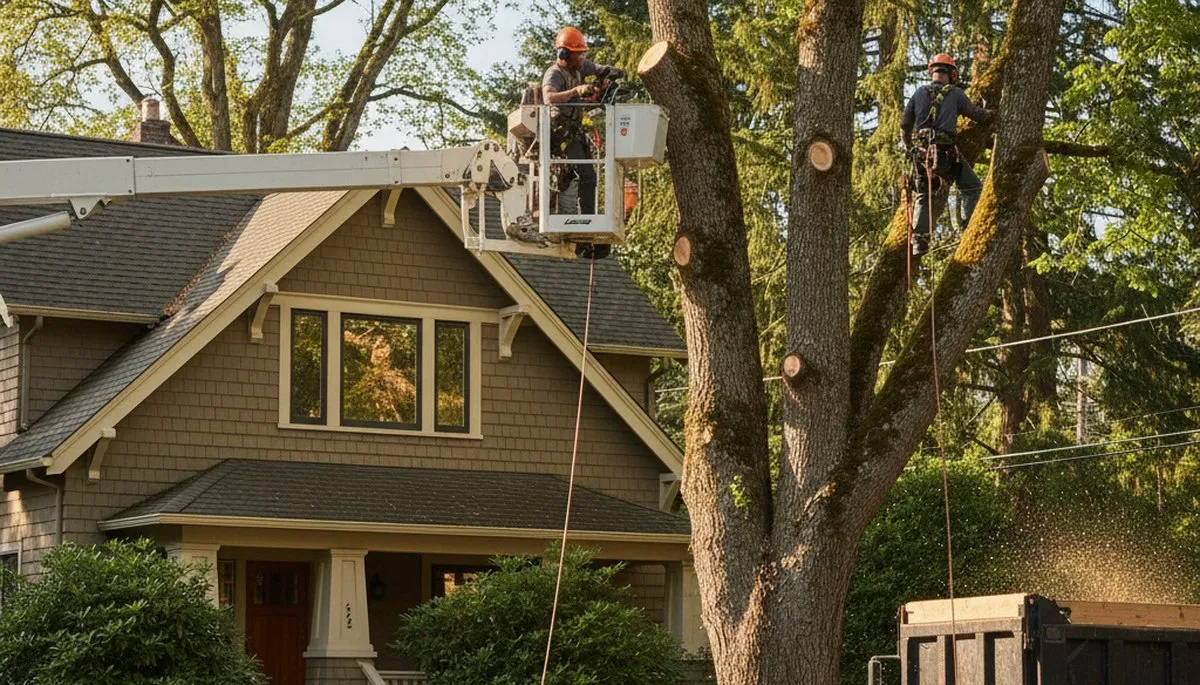 Tree service crew removing a tree in Bellevue, WA for safe, professional tree removal services