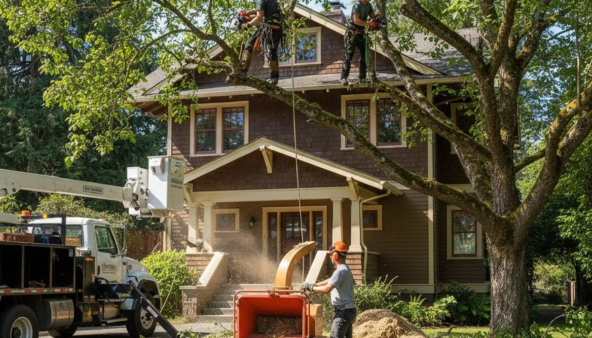 Tree service crew removing a tree in Bellevue, WA for safe property clearance
